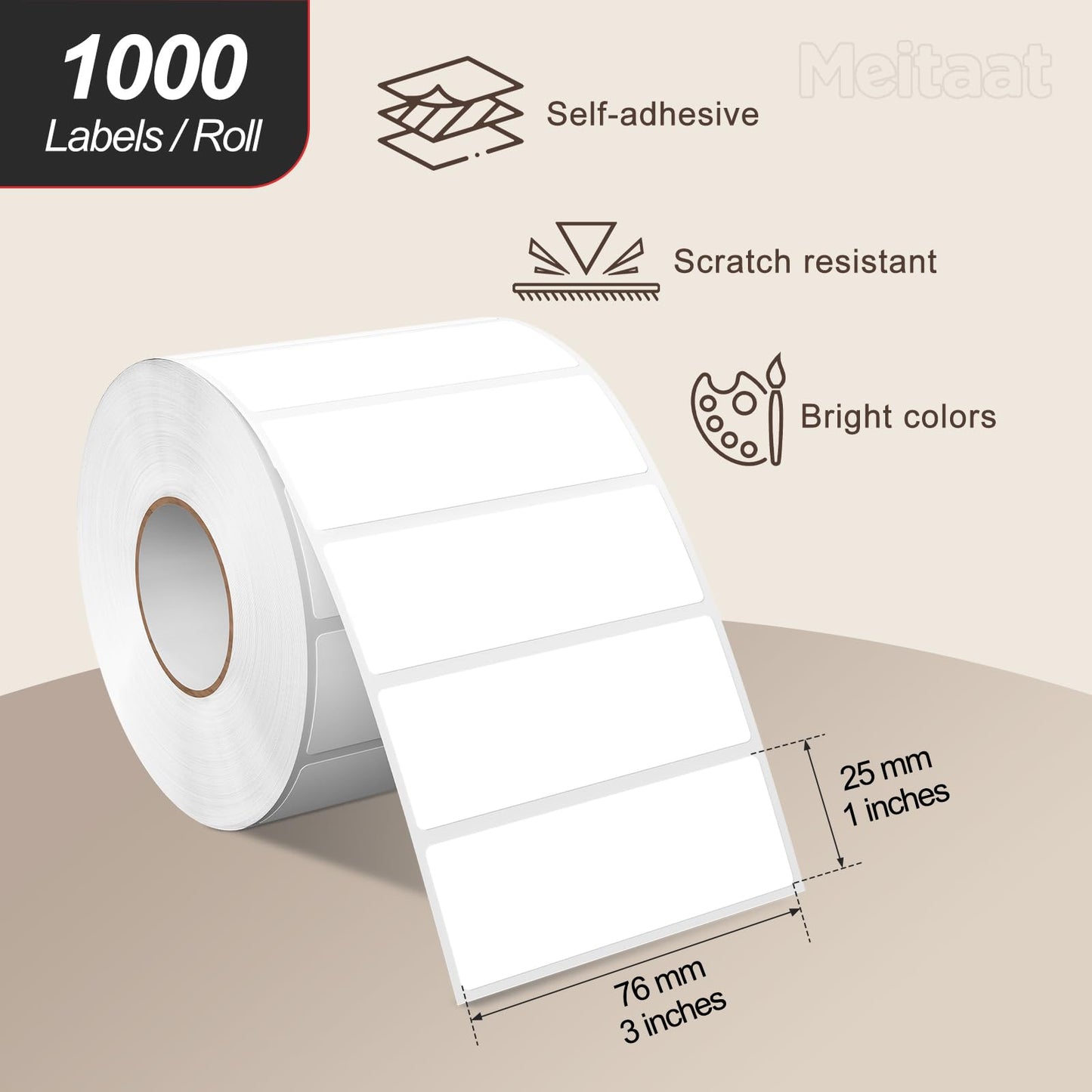 Meitaat 3 × 1 Inches White Rectangle Color Coding Labels 1000 PCS, Self-Adhesive Writable Waterproof Vinyl Blank Sticker Roll for Office Home School Business