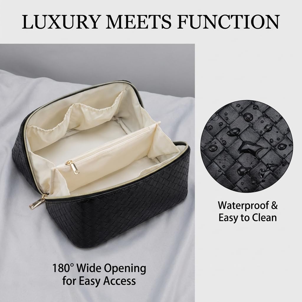 VERNASSA Large Capacity Travel Makeup Bag for Women, Waterproof Portable Cosmetic Bag with Compartments, Foldable Flat Lay Design for Easy Access, Perfect for Toiletries & Beauty Essentials (Black)