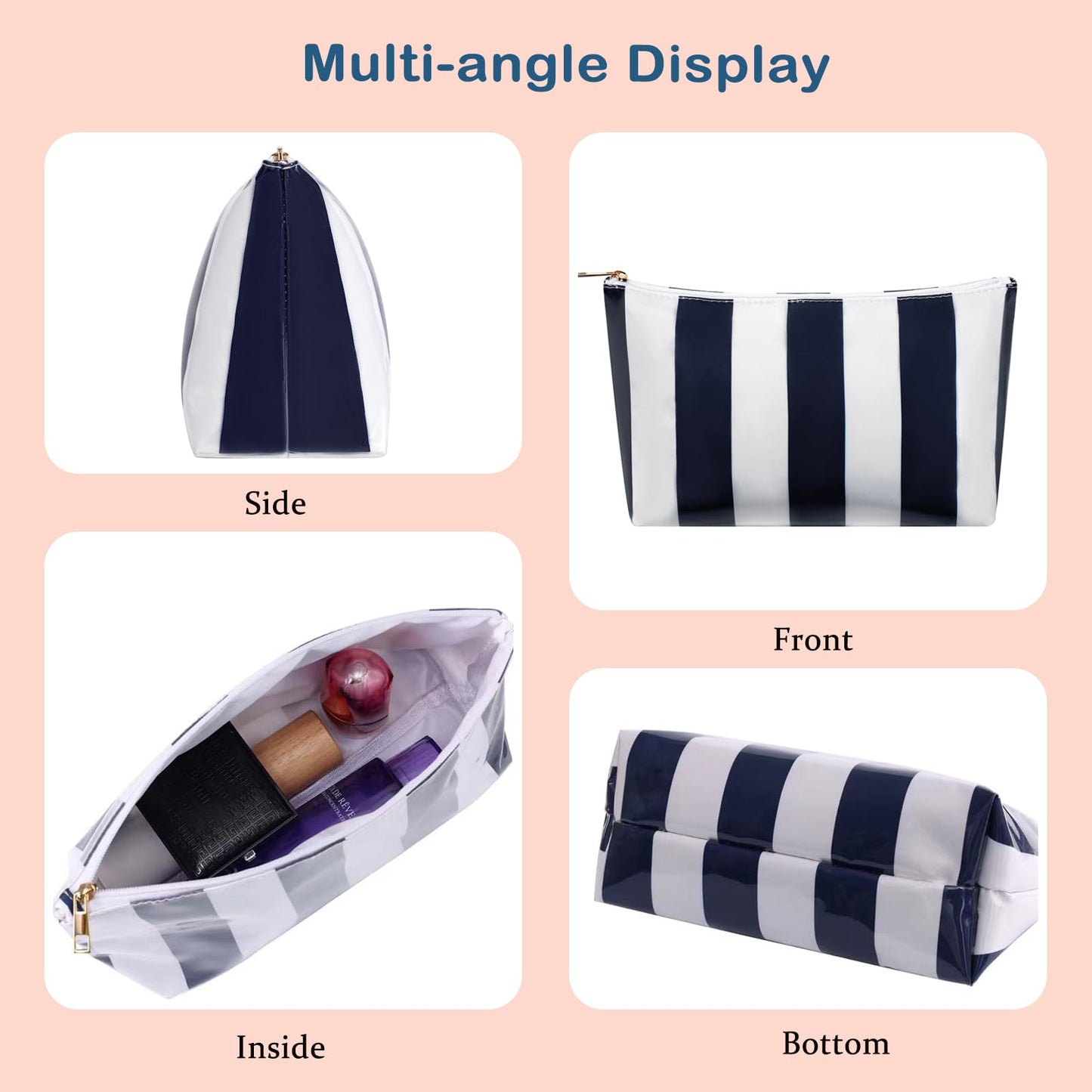 RSRSLEII Large Waterproof Travel Stripe Makeup Bag,Aesthetic PVC Toiletry Bag,Coquette Cosmetic Bag Organizer,Cute Preppy Carry-on Travel Accessories Essentials for Women Girls(Dark Blue)