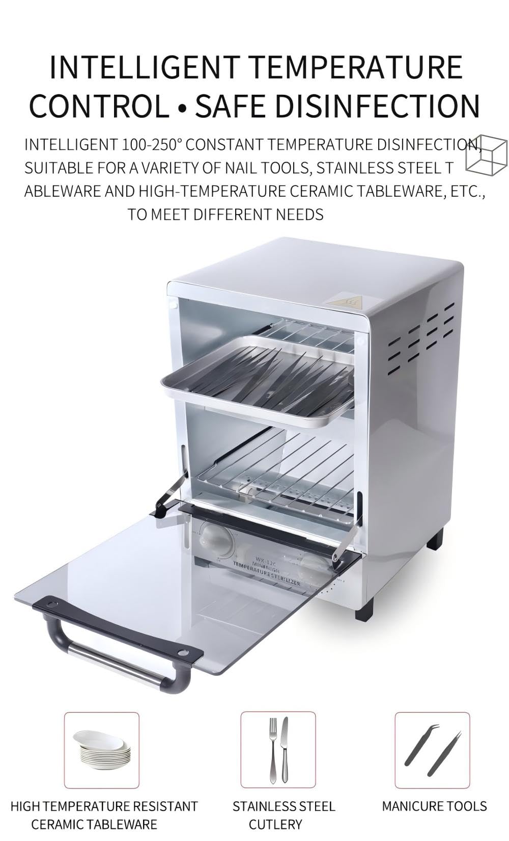 Sterilizer for Nail Tools, 12L Multifunctional High Temperature Cleaning Dry Box Stainless Steel with Temp Control, Tweezer Sterilizer, Stainless Trays, Timer, Nail Salon Equipment