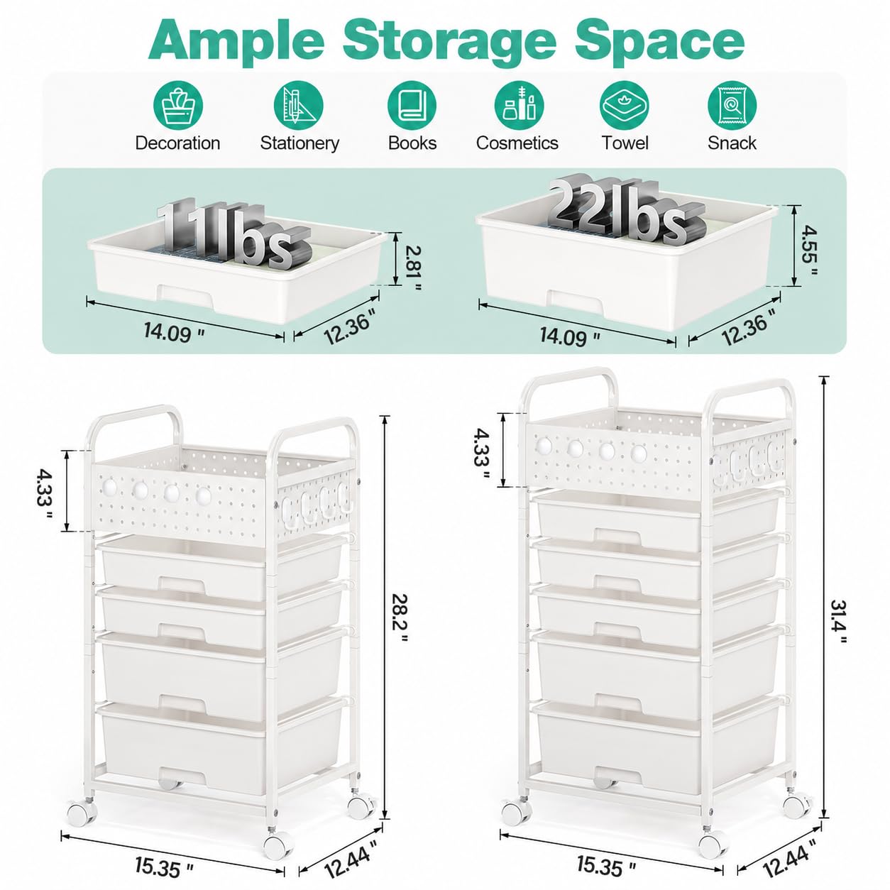 5 Drawer Rolling Storage Cart with Pegboard Top and Hooks, Mobile Utility Organizer with Wheels for Office Supplies, Craft Storage, Classroom Organization, Home Storage Cart, White