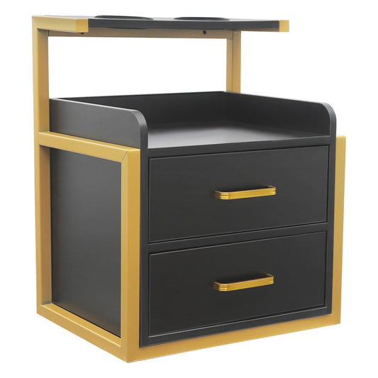 Eapmic Salon Cabinet with Drawers, Suspended Salon Wall Cabinet, Salon Stations Salon Table with 2 Drawers, Stylist Storage Cabinet Beauty Station with 2 Hair Dryer Holders (Gold＋Black)