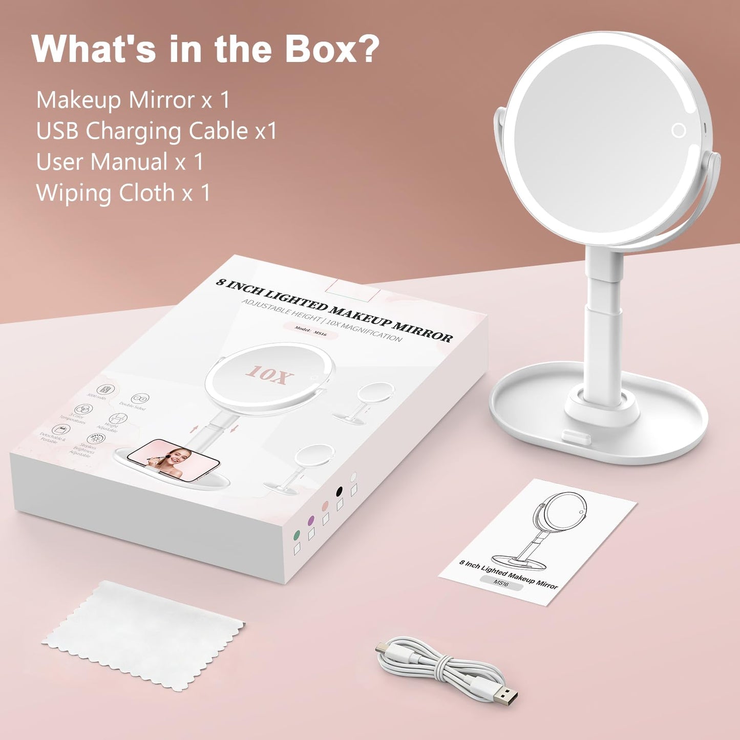 GONOBLE Lighted Makeup Mirror with 10X Magnification, Rechargeable LED Magnifying Vanity Mirror with 3 Lights, Adjustable Height, Storage Base and Phone Holder, White, 7 inch