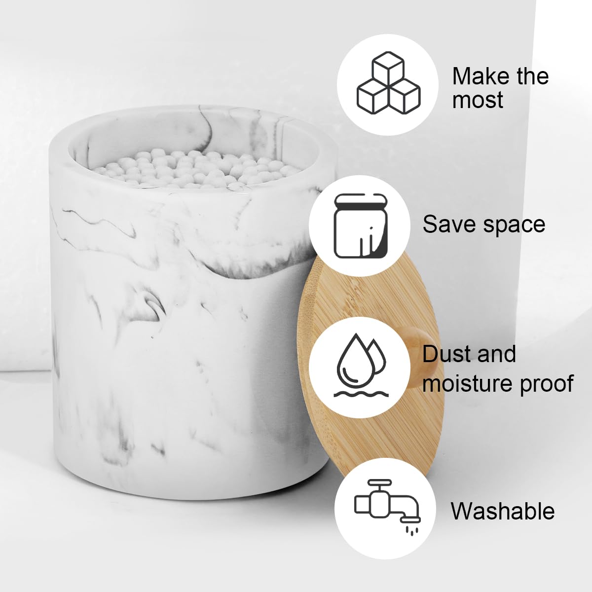 Tonxus Bathroom Qtips Jars with Lid,Vanity Cotton Swab Holder,Resin Apothecary Dispenser Container,Marble Makeup Sponges Canister,Bath Salts Storage Organizer Box (Marble White with Bamboo Lid of 2)
