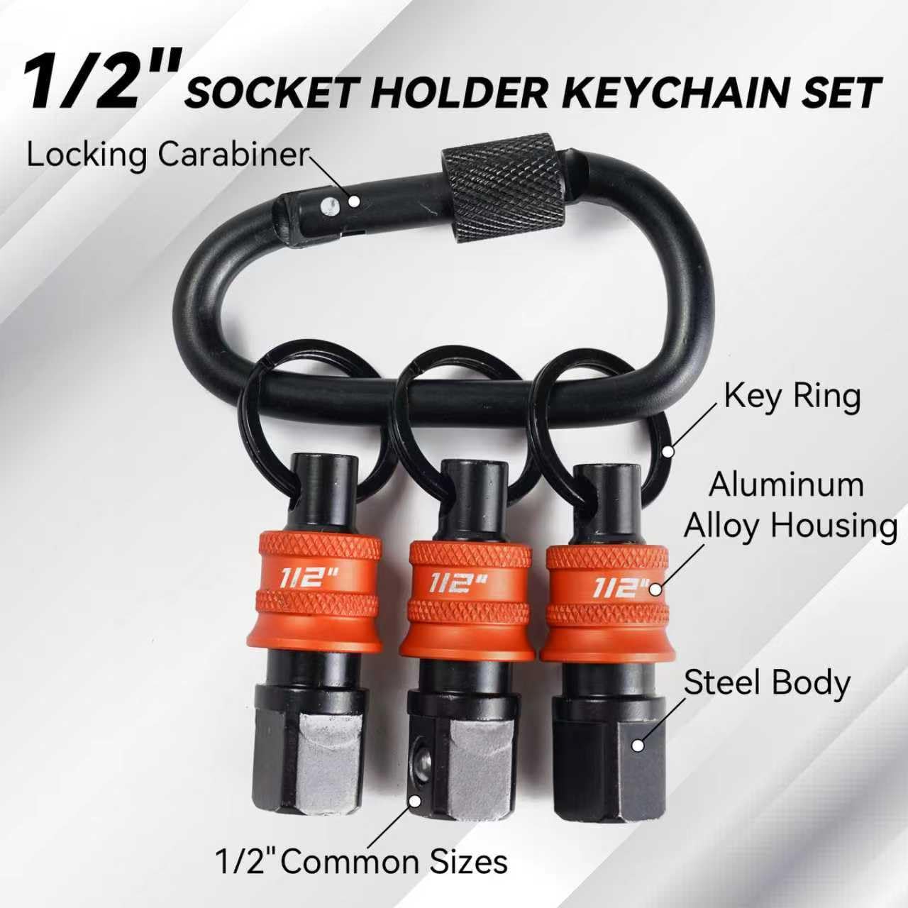 1/2" Socket Holder Keychain Set with Quick Release & Locking Clip, Bit Holder Key Chain Heavy-Duty Toolbox Organizer for Impact Wrench, Mechanics, Electricians & Construction Workers