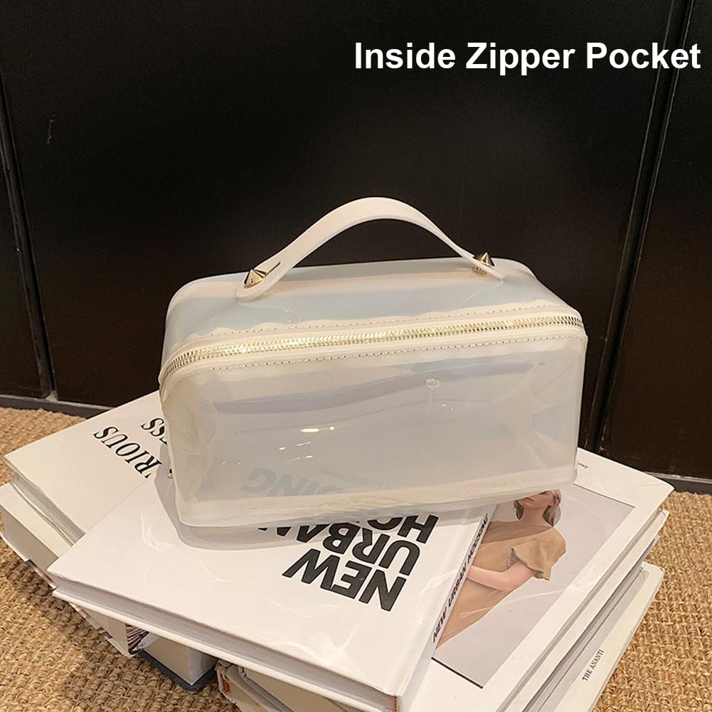 EURYNOME Clear Makeup Organizer Bag Semi Transparent Travel Makeup Bag Leather Handle Clear Cosmetic Bag with Zipper, Portable Cosmetic Organizer Large Makeup Bags for Women (white)