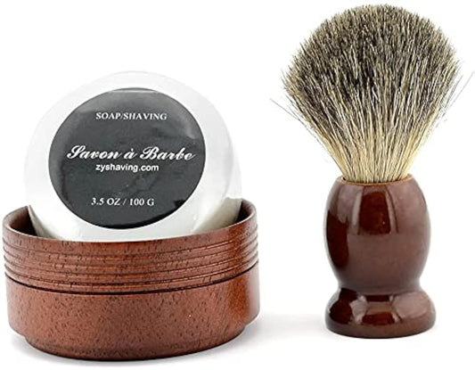 Grandslam Pure Badger Hair Shaving Brush Natural Wood Mug Bowl Hand-Made Soap Barber Set
