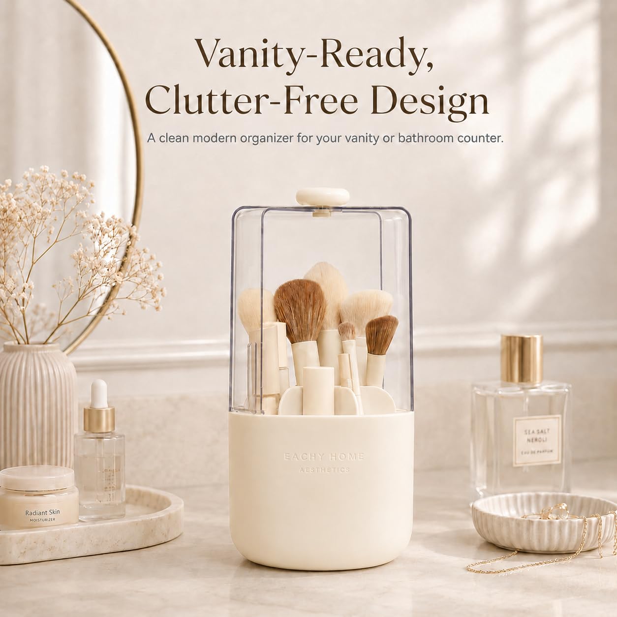 EACHY Makeup Brush Holder with Lid, 360° Rotating Vanity Organizer for Brushes, Dustproof Cosmetic Display Case, 7 Compartments, Waterproof Plastic (Beige)