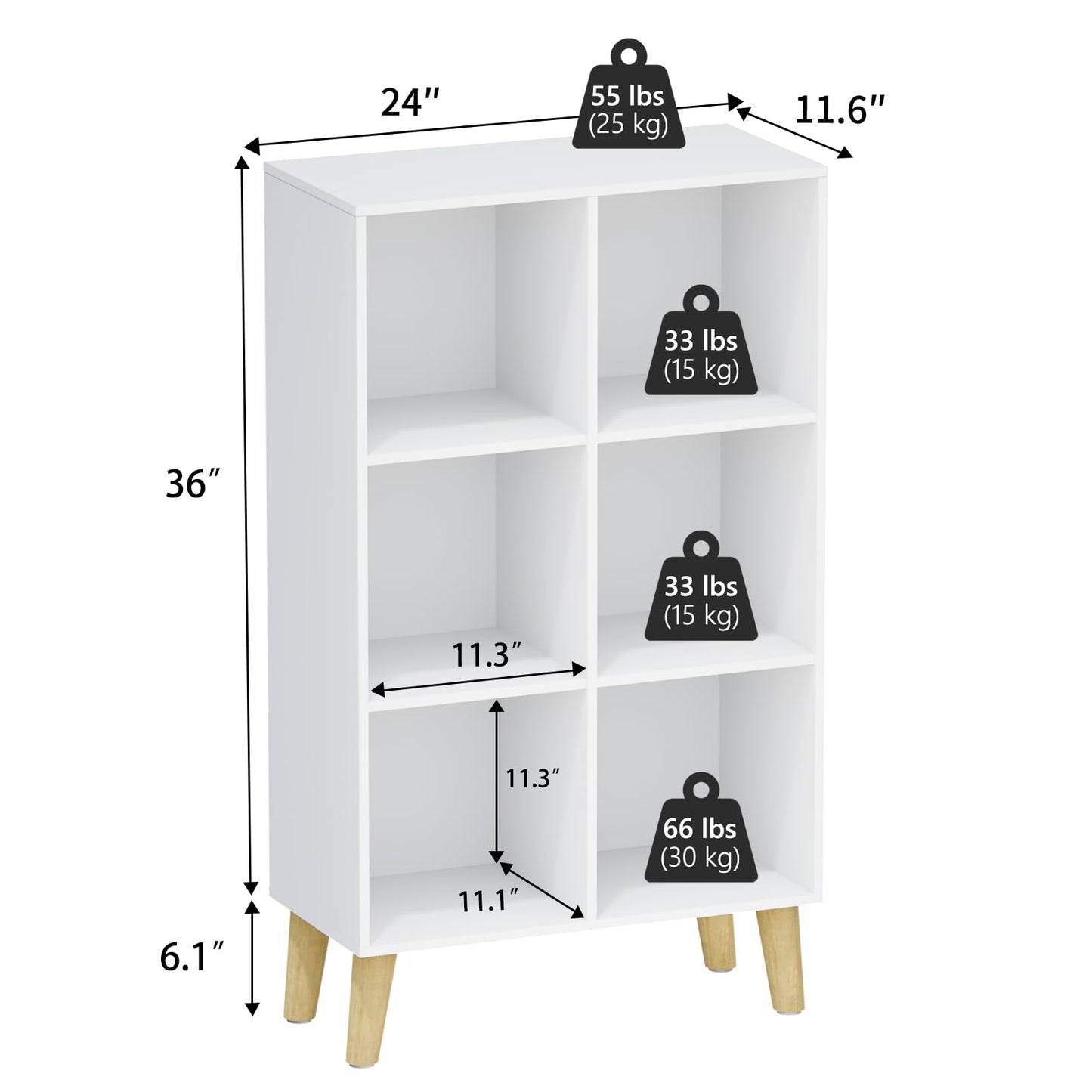 VAFHYLLIS 6 Cube Storage Organizer with Legs, 3 Tier Cube Low Bookcase Freestanding Storage Display Organizer for Home Office, Three-Cubes Open Shelf Short Bookshelf (White, 6 Cube Vertical)