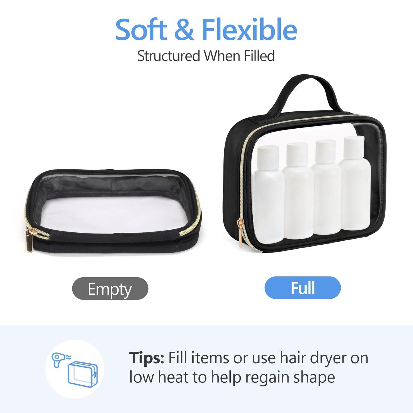 PACKISM Clear Makeup Bag Combo Pack, 1 TSA Approved Medium & Large for Checked Luggage, Clear Toiletry Bag with Handle, Water-resistant Travel Essentials Organizer, Black