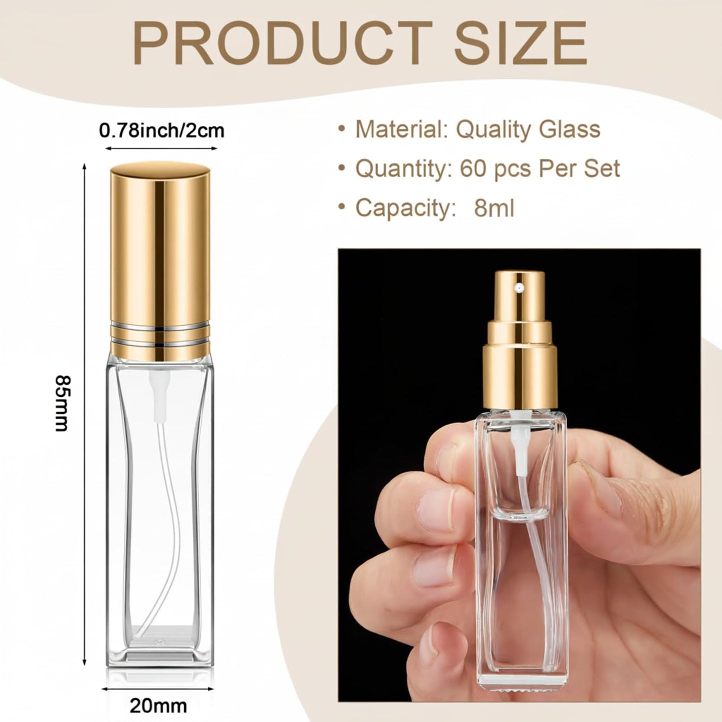 Domensi 60 Pcs 8 ml Empty Glass Perfume Bottles Bulk - Gold Refillable Cologne Spray Atomizer with Pump, for Travel, Skincare, Haircare, Cleaning & DIY Essentials
