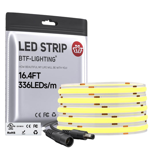 BTF-LIGHTING FCOB COB LED Strip Warm White 3000K, UL Listed 16.4FT DC12V Super Bright Uniform Light, CRI 90+ 8mm Width Flexible Tape Light for Home Indoor DIY Lighting(No Adapter or Controller)