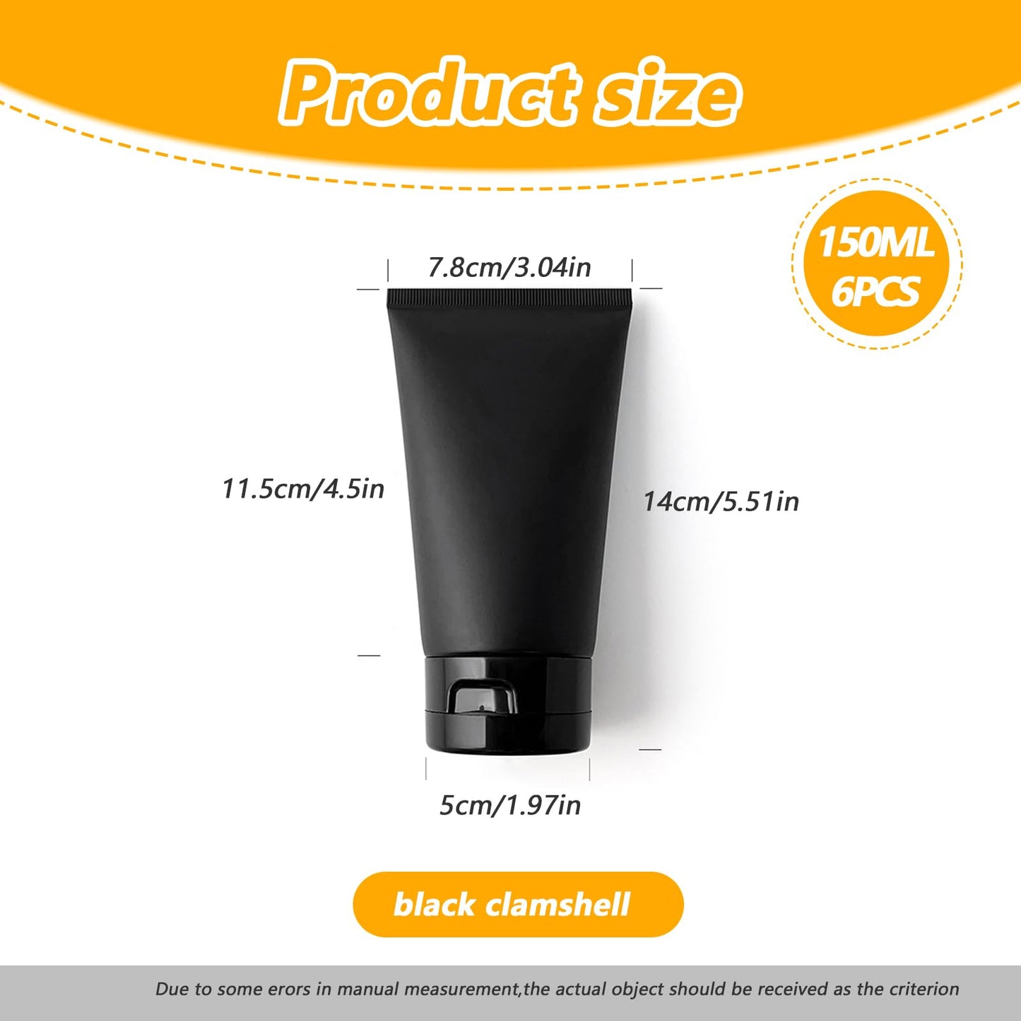 6PCS 150ml 5oz Black Plastic Travel Bottles Refillable Leakproof Squeeze Tubes with Flip Top Cap for Shampoo Lotion Toiletries Cosmetic Makeup Sample Storage