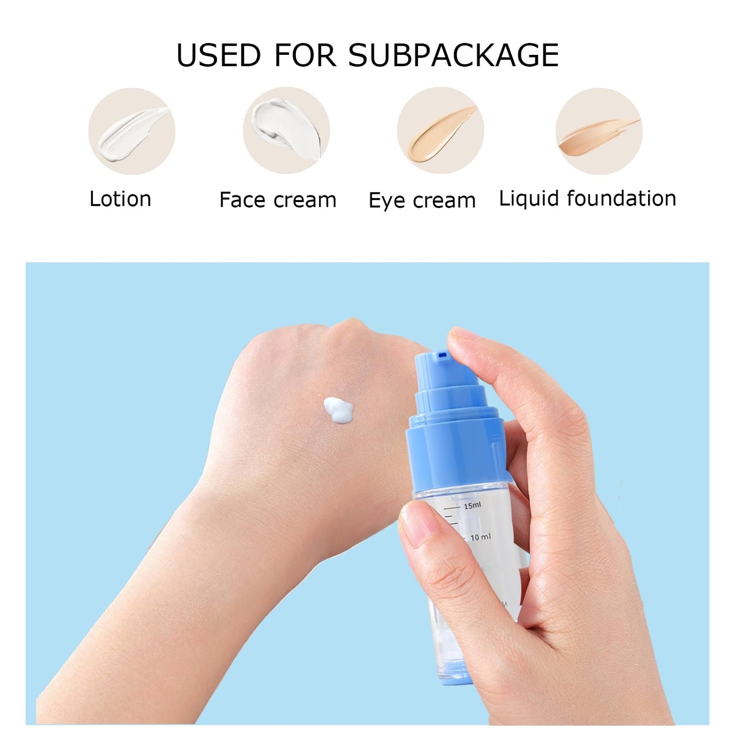 XQNCBY 0.5oz/15ml Travel Airless Pump Bottles, 5 Pack Refillable Vacuum Cosmetic Containers with Clear Organizer Case & Labels, Small Lotion Dispenser Bottles for Skincare, Toiletries & Cosmetics