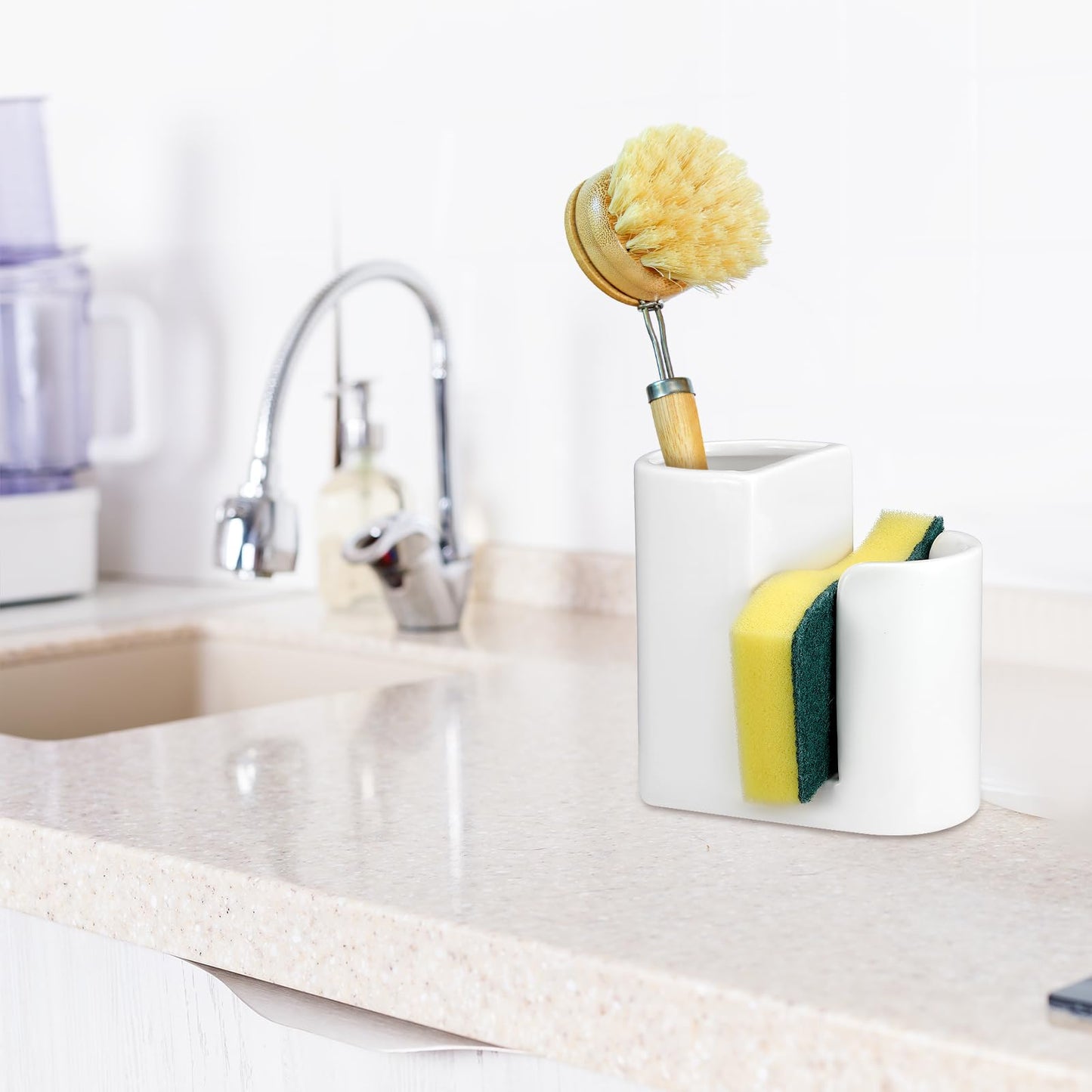 Geelin 2 in 1 Ceramic Kitchen Sink Caddy Dish Sponge Holder and Scrub Brush Holder for Kitchen Organizer Rustic Farmhouse Supplies(White,Simple)