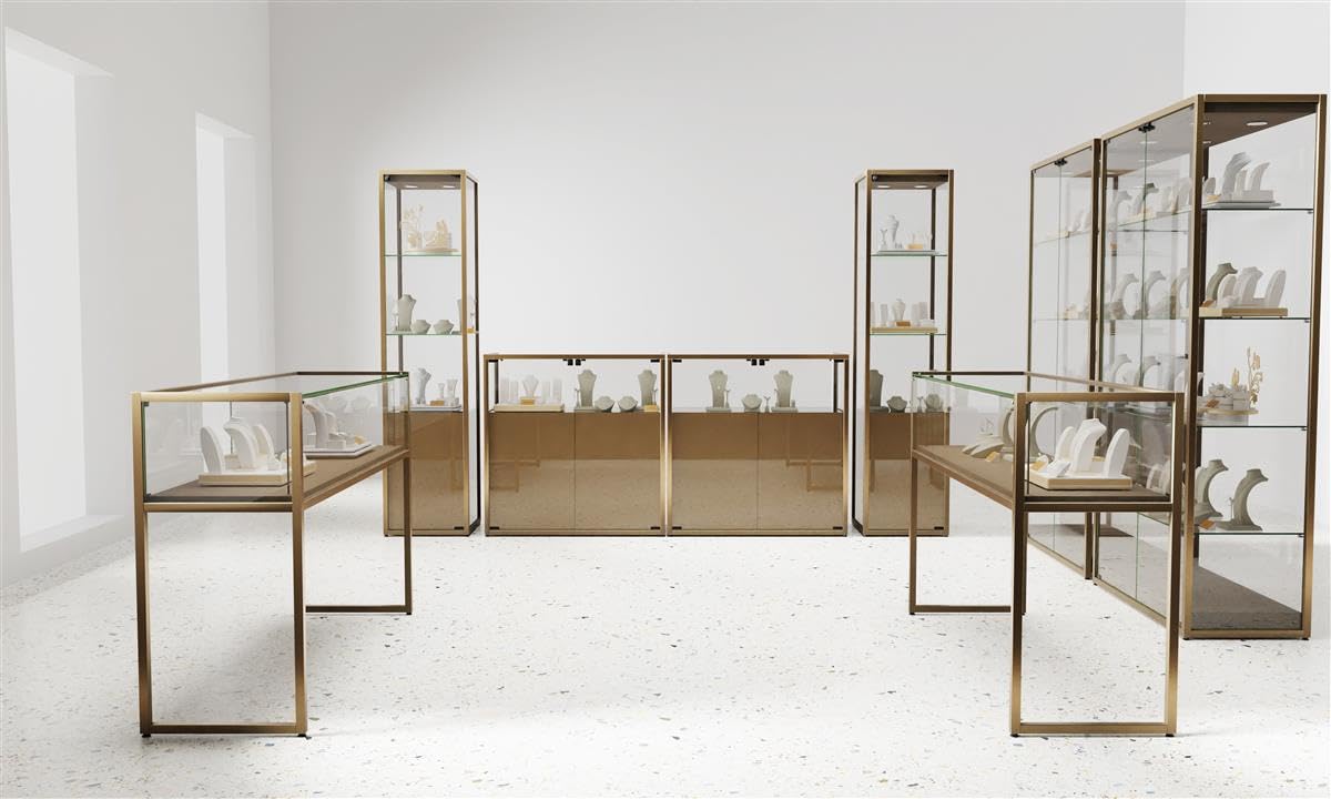 59" w Tempered Glass Display Case, LED Light Strip, Locking Door - Bronze