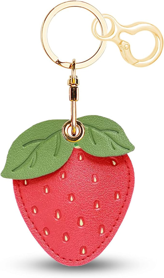 Leather Keychain for Airtag, Cute Protective Keychain Holder Compatible with Apple Air Tag,GPS Item Tracker Case Cover for Keys,Bags,Pets,Luggage(Strawberry)