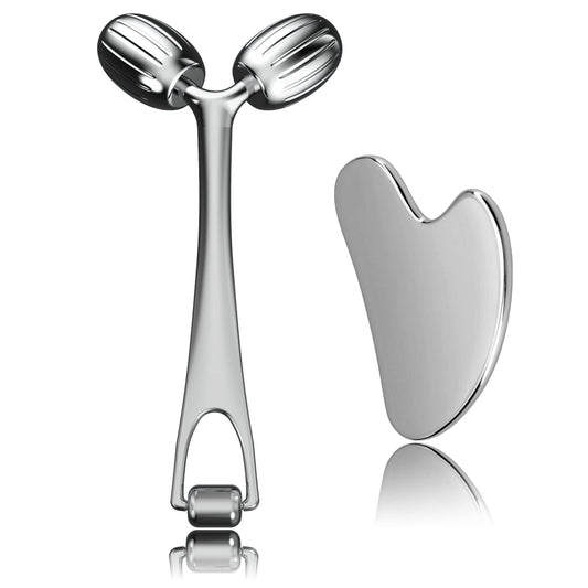 Yeamon Gua Sha Facial Tools and Face Roller Set, Facial Massage Tool for Women’s Skincare Routine,Cooling Stainless Steel Face Sculpting Eyes Roller Guasha for Daily Use or Self-Care Gift for Women
