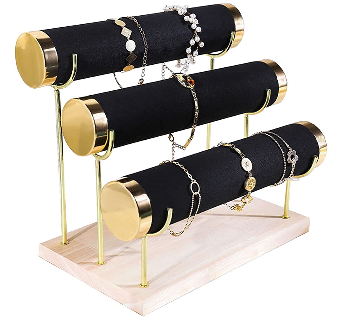 Aqerimit Jewelry Towers with Three Tier Racks, Detachable Black Velvet Gilt-edging Bracelet Display Stand