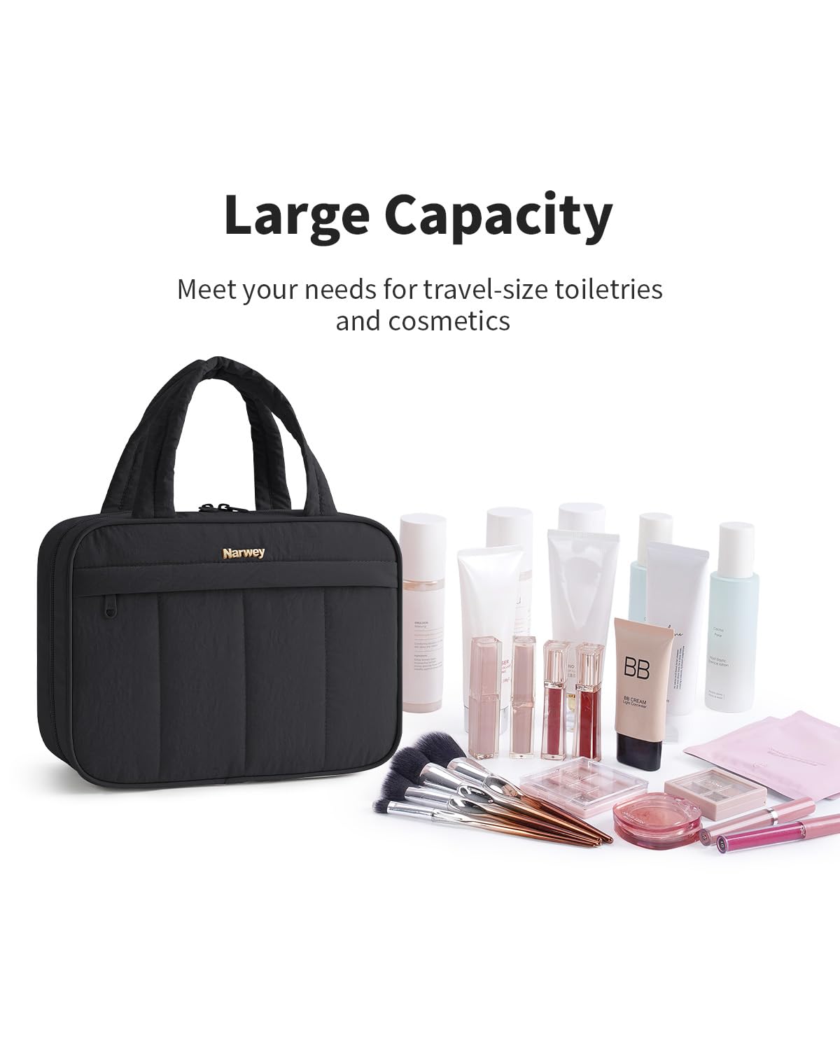 Narwey Hanging Travel Toiletry Bag for Women, Quilted Makeup Bag Organizer with Handle, Travel Bathroom Bag, Portable Toiletries Bag for Essentials, Accessories, Brushes, Cosmetics (Black)