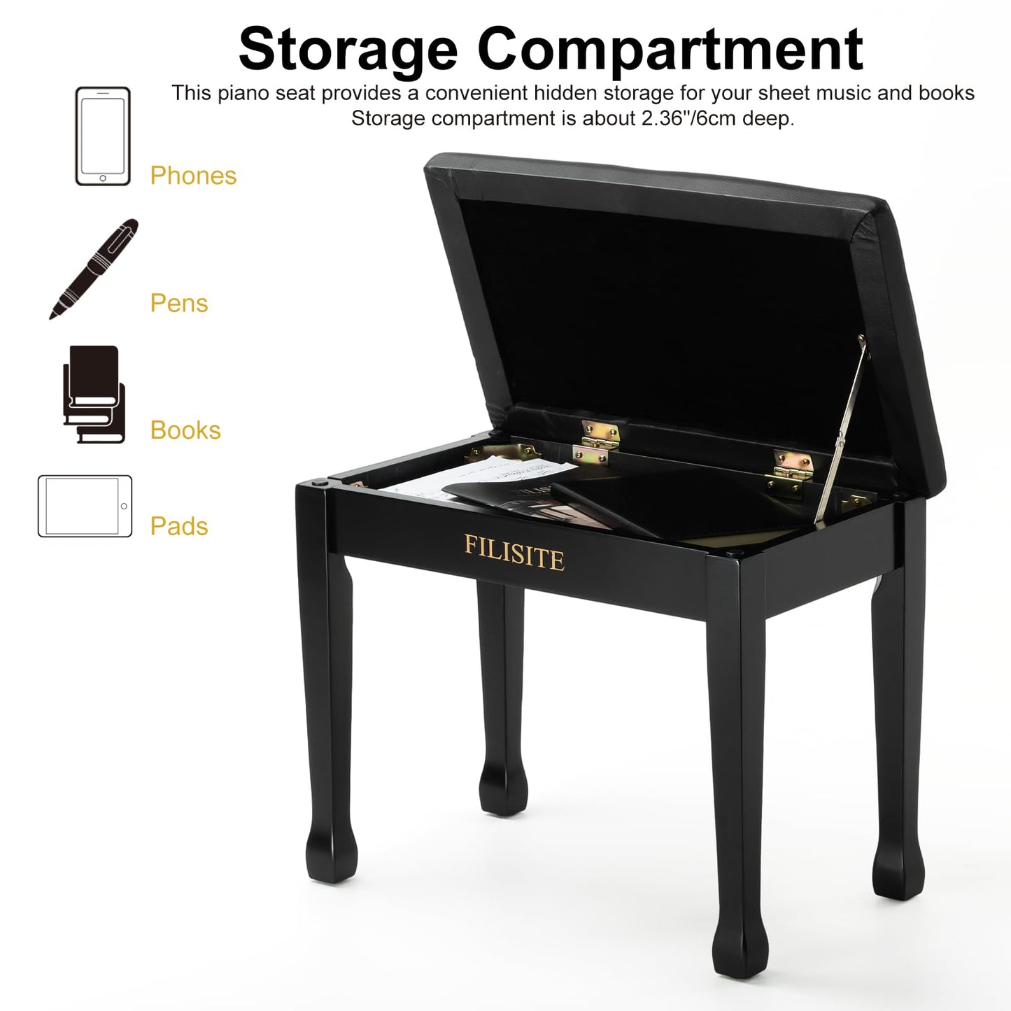 FILISITE Wooden Piano Bench with Storage, Piano Stool with Waterproof Padded Cushion, Bench Seat for Vanity, Living Room, Bedroom (Black)