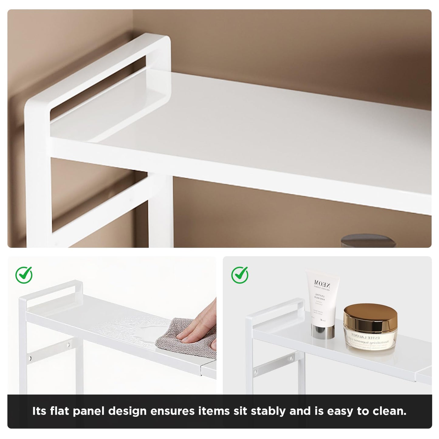 Expandable Medicine Cabinet Organizer, White Heavy-Duty Metal Adjustable Shelf Trays for Bathroom, Kitchen, Narrow Spaces, Space-Saving Storage Solution for Mirror Cabinets, Vanities, and Countertops