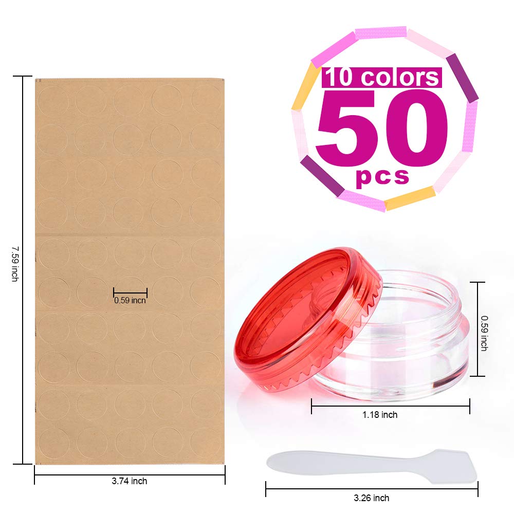 HNYYZL Sample Container,50 Pack Empty Cosmetic Containers Plastic Travel Pot Jar for Liquid Lotion Cream Sample Make-up Storage(10 Colors, 5ML),and 10pcs Mini Spatulas and 50pcs Labels