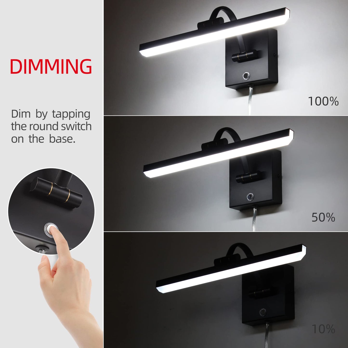 MantoLite 15inch LED Dimmable Bathroom Vanity Wall Light Fixture, 6000K 8W Cabinet Picture Lights, Black Make-up Mirror Front Light Ajustable Arm Bedside Reading Lamp, Pulg in Display Wall Sconce