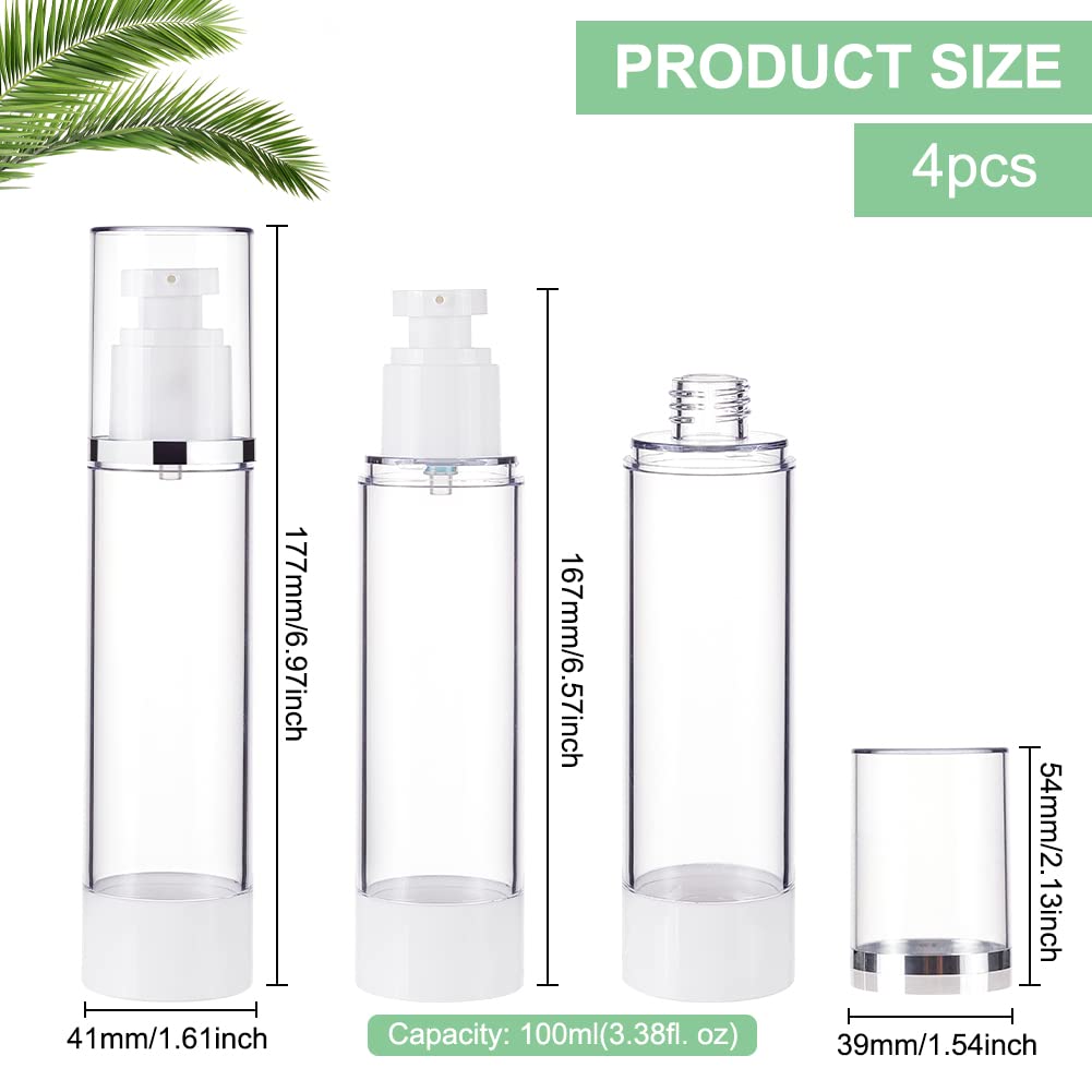 BENECREAT 4 Pack 3.4oz/100ml Airless Pump Bottles Vacuum Travel Refillable Cosmetic Bottles for Lotion Shampoo, Foundation, Essential Oil, Other Beauty Product