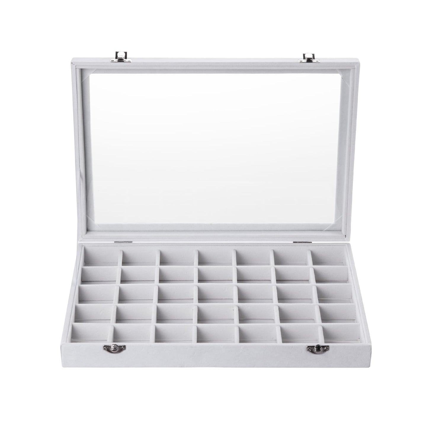 Frebeauty Velvet Jewelry Tray,35 Grid Jewelry Organizer with Clear Lid,Earring Holder Organizer Case with Clasp,Drawer Insert for Rings Studs,13.8 x 9.5 x 2 Inches,Gift for Women Girls(White)