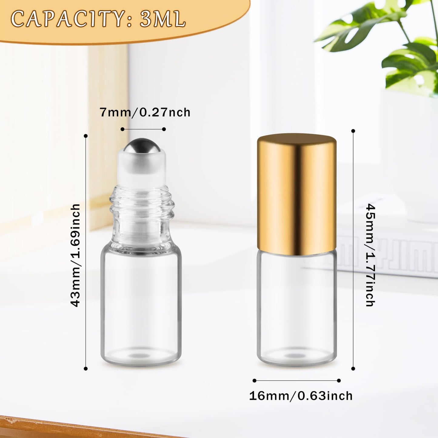 40 Pcs Essential Oils Roller Bottles Small Refillable Glass Perfume Bottles Sample Vials with Roller Balls & Gold Lids for Travel Cosmetic - 3ml