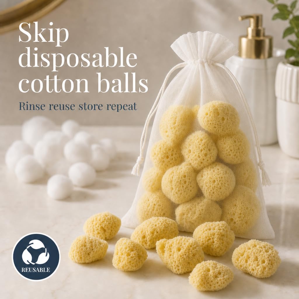 Constantia Beauty® Natural Sea Silk Sponges 12pack, use like Cotton Balls, Cosmetic Grade, Makeup Application Blending & Removal, Face & Eye Cleaning, Size 9pc x1.5"-2.5" 3pc x 2.5"-3" Reuseable Bag