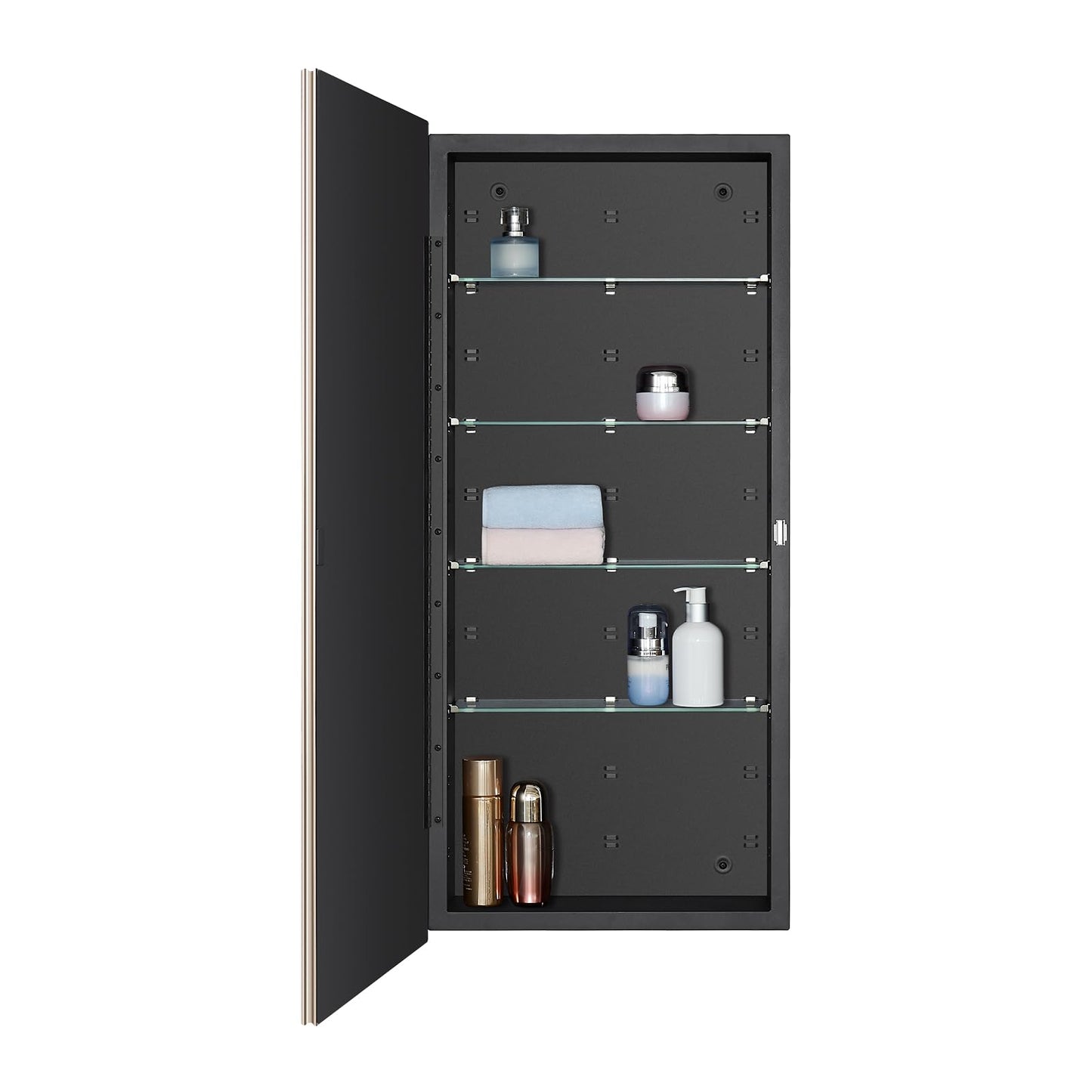 IDYLLOR Black Medicine Cabinet with 16x36 Inch Gold Frame Mirrored Door, Wall Mounted Storage, Recessed or Surface Mount, 4 Adjustable Glass Shelves, Vanity Organizer for Bathroom, Bedroom, Hallway