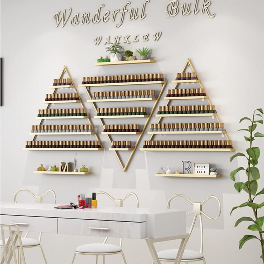 LXSEHN Metal Wall Mounted Nail Polish Rack, 6 Sets Triangular Cosmetic Display Racks, Essential Oil Bottles Shelf Organizer, Gold Storage Lipstick Perfume Holder for Spa Nail Salon Shop Home
