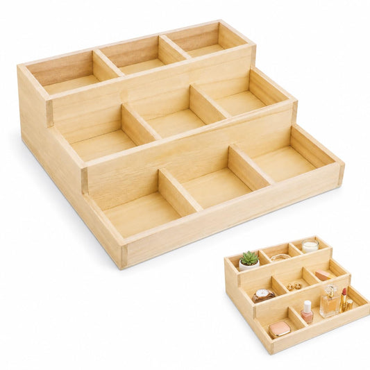 Zerodeko Multi-Layer Wooden Jewelry Storage Box with 9 Compartments Compact Jewelry Organizer for Earrings Necklaces Ideal for Vanity Office and Bedroom