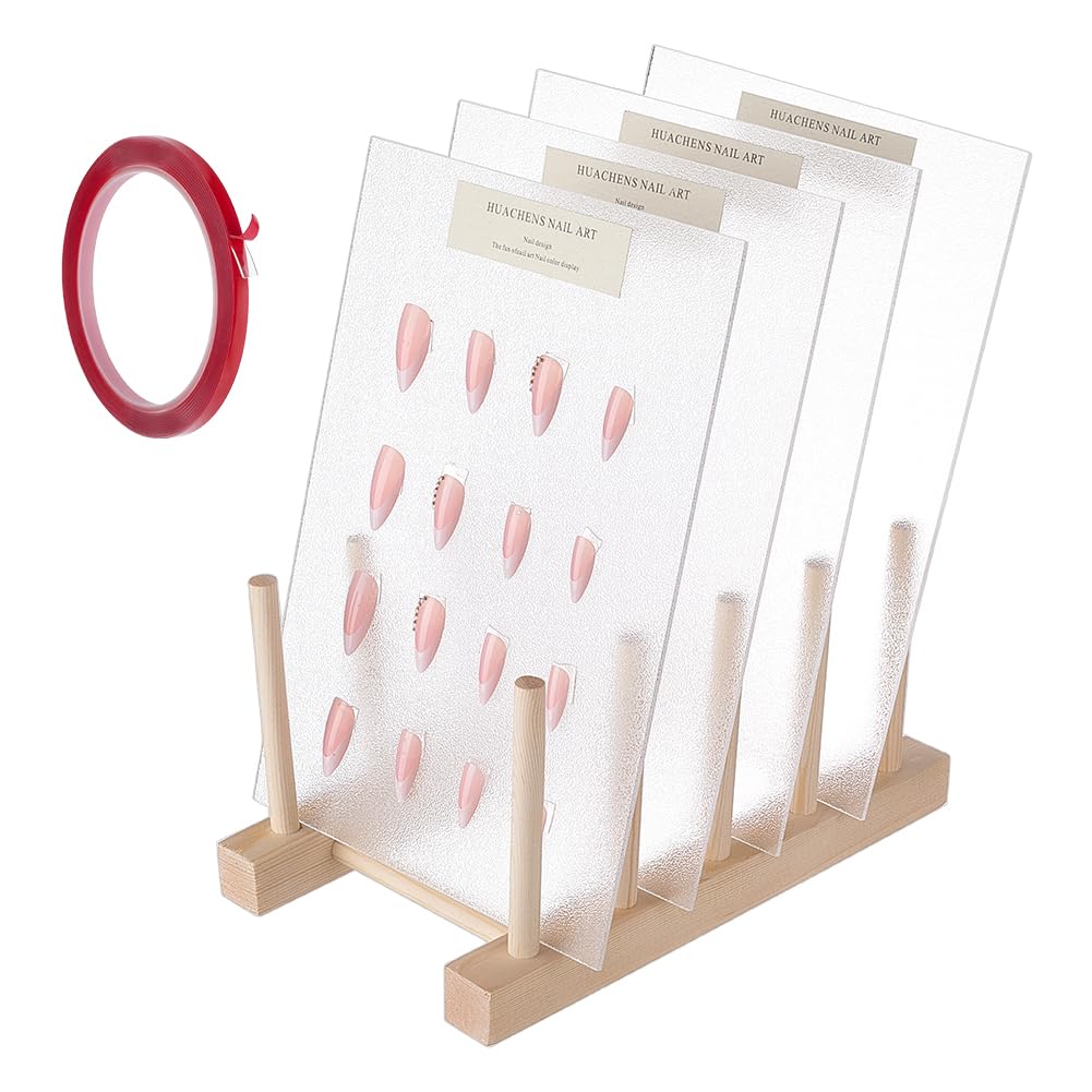 FINGERINSPIRE 4PCS Acrylic Nail Display Board with Wooden Holder 5.24x7.9x8.23inch Transparent Acrylic Manicure Sample Holder Nail Polish Display Board with Natural Wood Base for Salon and Home Use