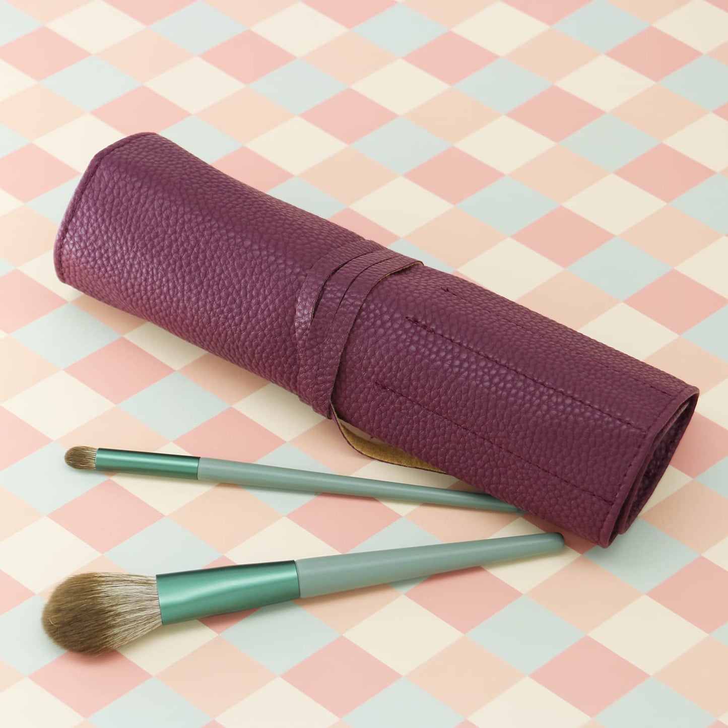Bird&Fish Makeup Brush Case Travel, makeup brush bag，silicone case roll up bag,Rolling Bag Storage Case PU Leather,Holder Organizer Brushes Pouch Cosmetic Bag for Travel (New Crimson)