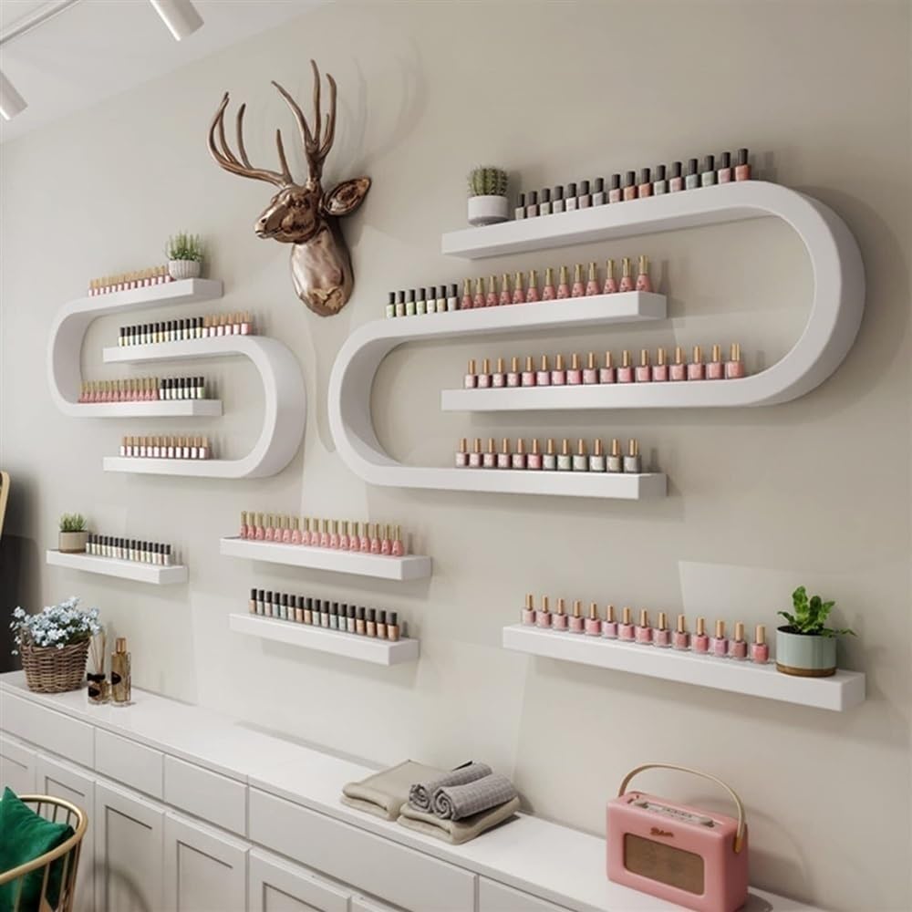 Nail Polish Rack for Wall, Nail Polish Organizer Metal Shelf, Wall Mounted Shelf, Nail Settings Display Rack, U-Shaped Storage Shelf, Hanging Salon/Beauty/Nail Shop Organizer Holder(White,8-piece set)