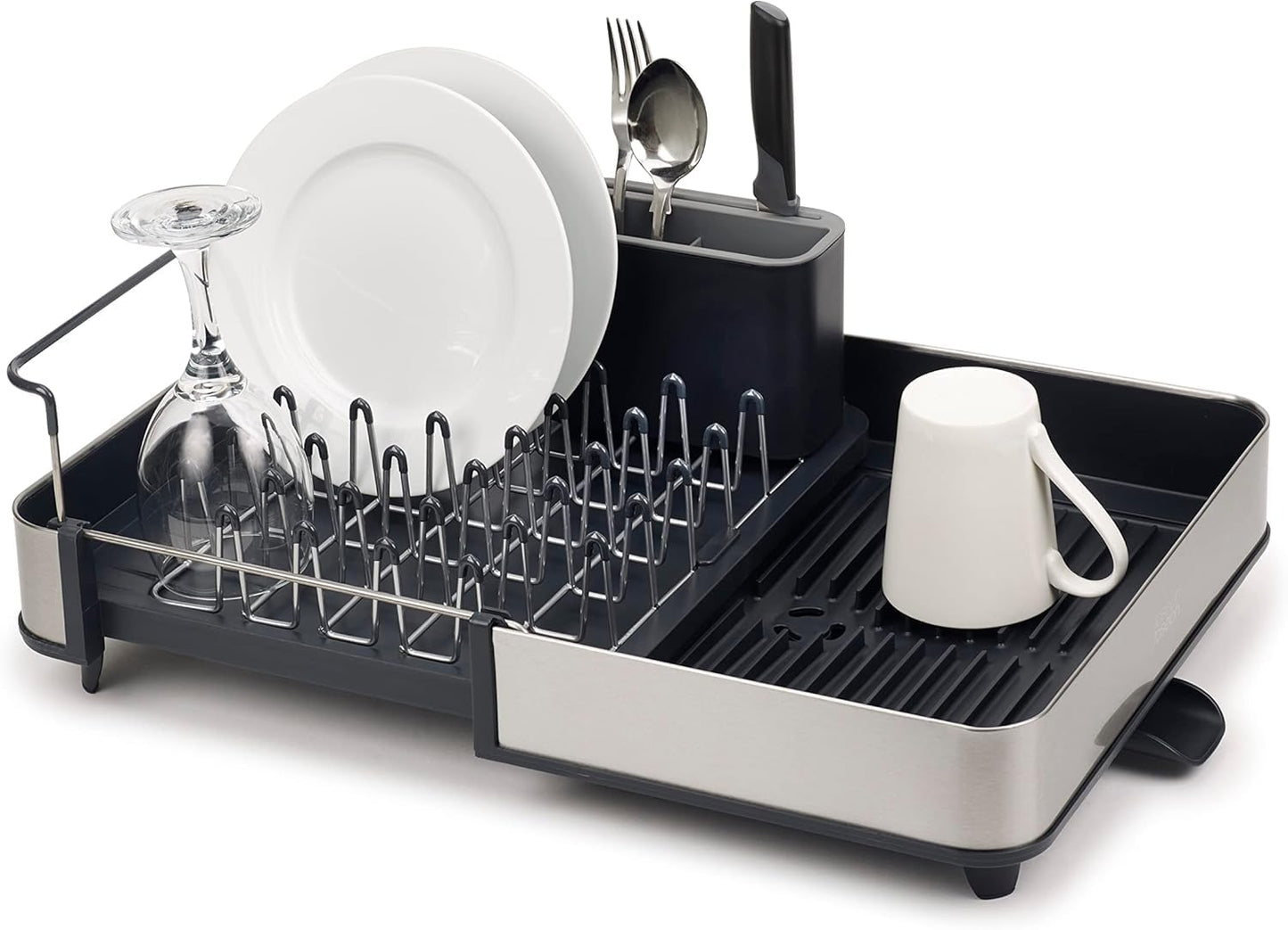 Joseph Joseph Extendable Dish Drying Rack with Dual Parts - Stainless Steel, Non-Scratch, Movable Utensil Drainer & Drainage Spout, Gray