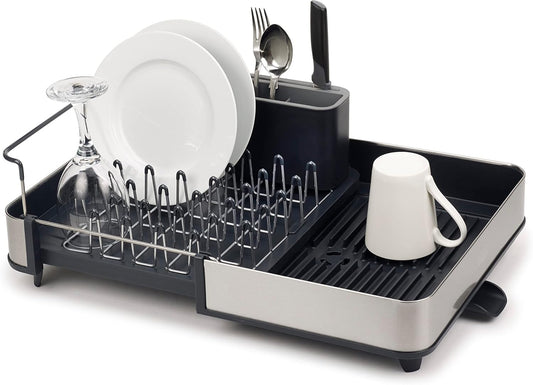 Joseph Joseph Extendable Dish Drying Rack with Dual Parts - Stainless Steel, Non-Scratch, Movable Utensil Drainer & Drainage Spout, Gray