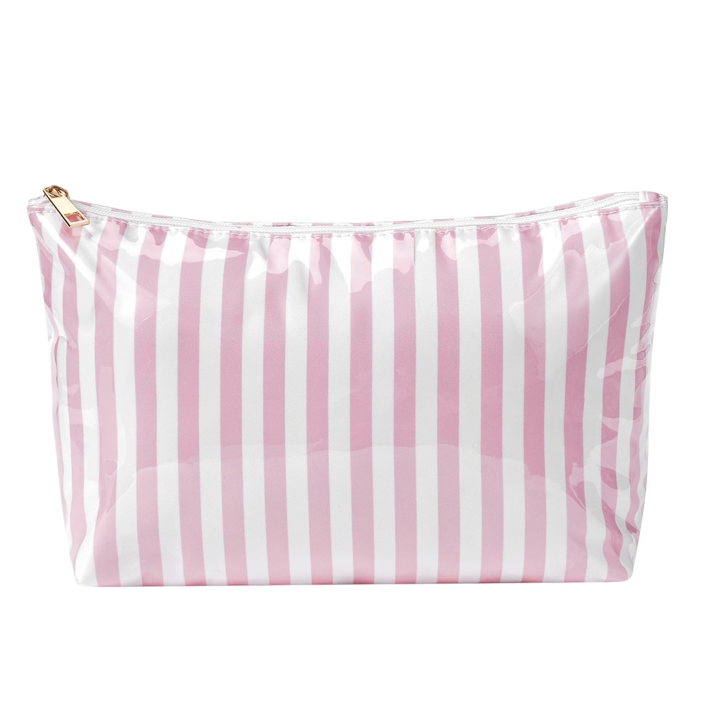 Lestikave Large PVC Waterproof Striped Makeup Bag,Clear Coated Cosmetic Bags,Easy to Clean,Travel Organizer Zipper Pouch Beach Vacation Essentials for Women Girls(04Pink Stripe)