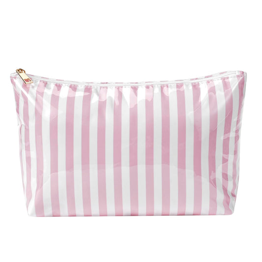 Lestikave Large PVC Waterproof Striped Makeup Bag,Clear Coated Cosmetic Bags,Easy to Clean,Travel Organizer Zipper Pouch Beach Vacation Essentials for Women Girls(04Pink Stripe)