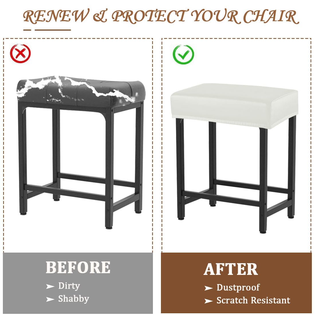 Levoberg Bar Stool Cover Rectangle Waterproof PU Counter Height Barstool Slipcovers Rectangular Vanity Stool Cover Kitchen Counter Saddle Seat Cover for Wooden Metal Bench Set of 4 White