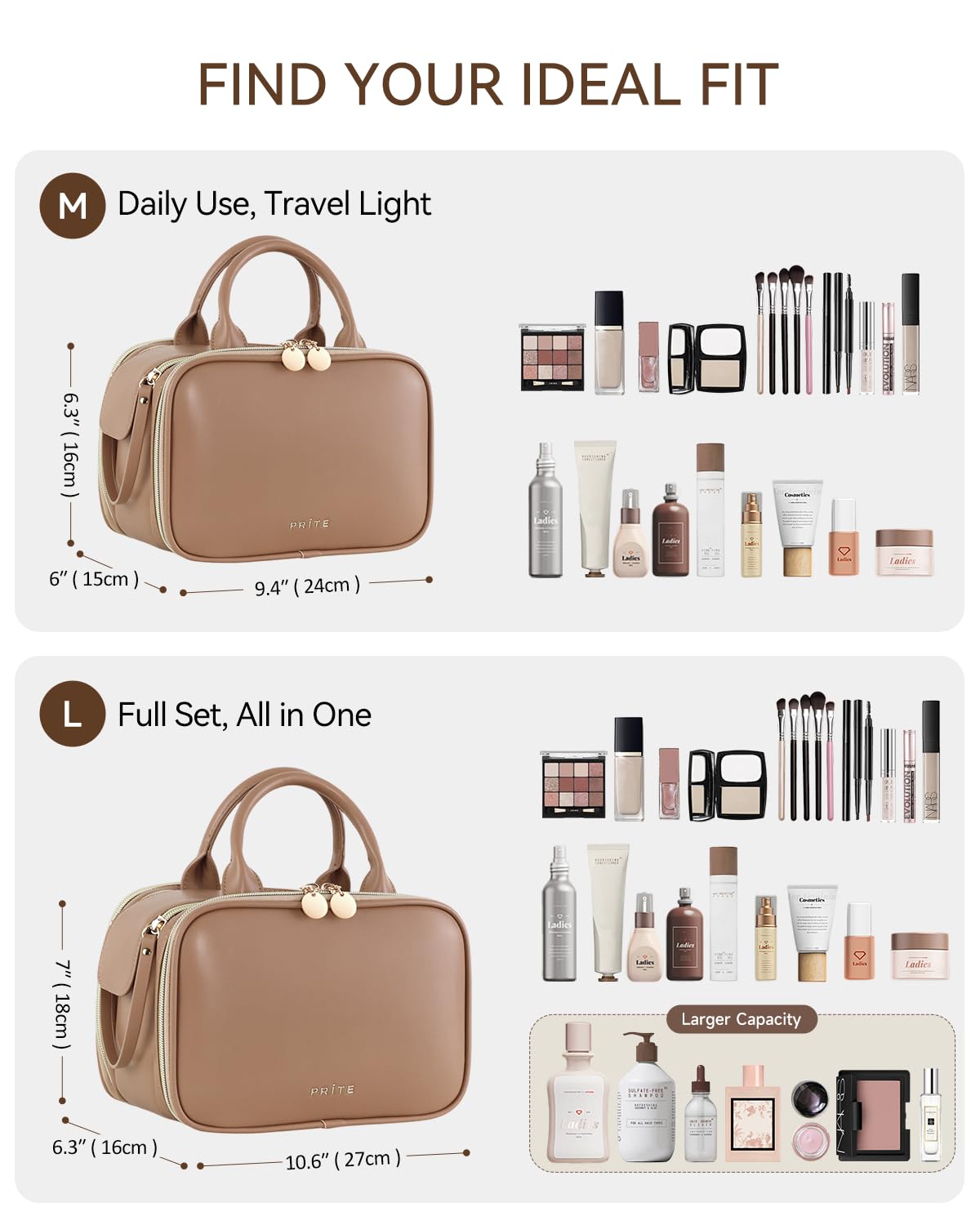 Prite Makeup Bag for Women, Large Capacity Waterproof Travel Cosmetic Organizer, Portable Open Flat Toiletry Bag with Free-standing Brush Holder and Handle(Brown Large)