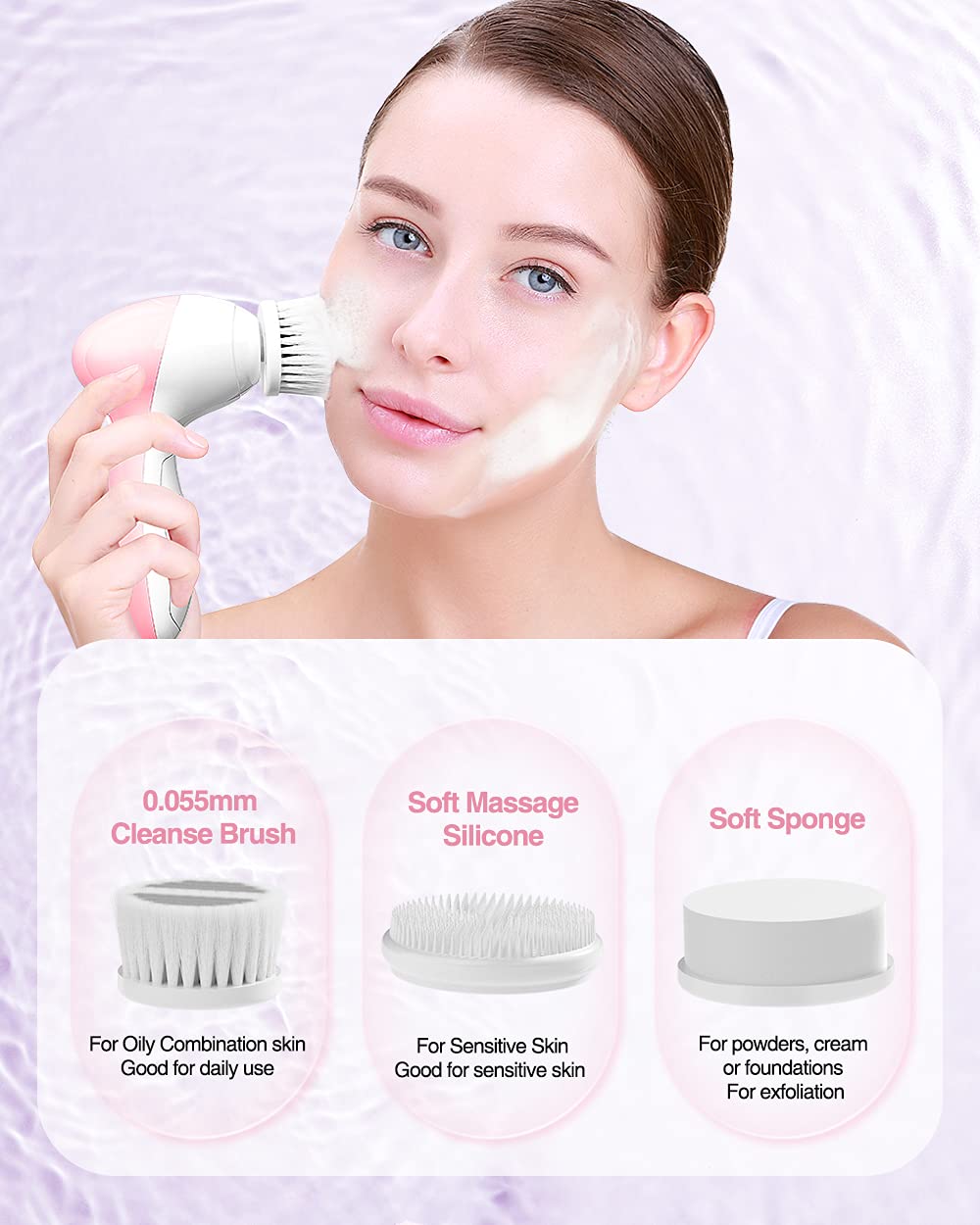 Electric Facial Cleansing Brush for Women, 3-in-1 Face Cleanser and Exfoliator Brush with 3 Brush Heads, 2 Speeds, Waterproof Spin Brush, Travel Size Case, Perfect for Valentine's Day (Pink)