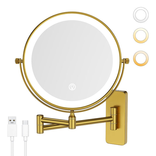 GURUN 8" Rechargeable Wall Mounted Makeup Mirror- 10X Magnifying Mirror with Light | 3 Color LED Lighting & Touch Control | 360° Rotation & Extended Arm | Dual-Sided Mirror for Mom