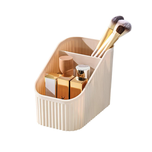 DASITON Large Capacity Makeup Brush Holder,3 Slots Makeup Brush Cup,Vintage striped Make Up Brush Holder,for Vanity Decor,Bathroom Countertops,Desk Storage Container,Cosmetic Display cases(Cream)