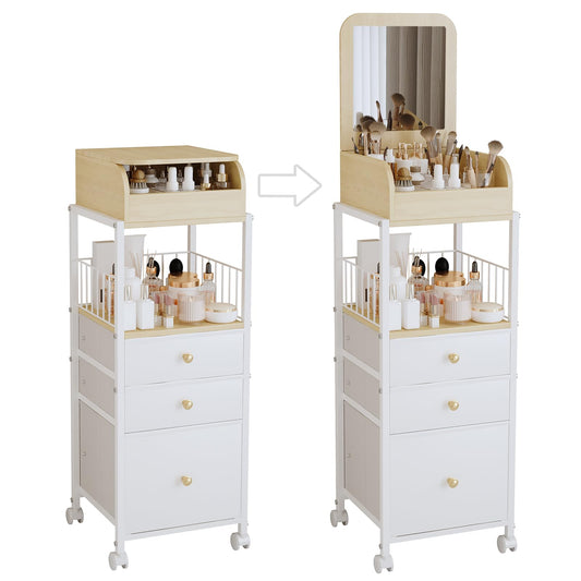 ZQUYAJ Makeup Organizer Cart with Vanity Mirror, Floor Skincare Organizers Make Up Organizers-Vanity Organizer Cosmetic Display Cases Holder for Skin Care Perfume Nail Polish Brush Hair Tool (White)