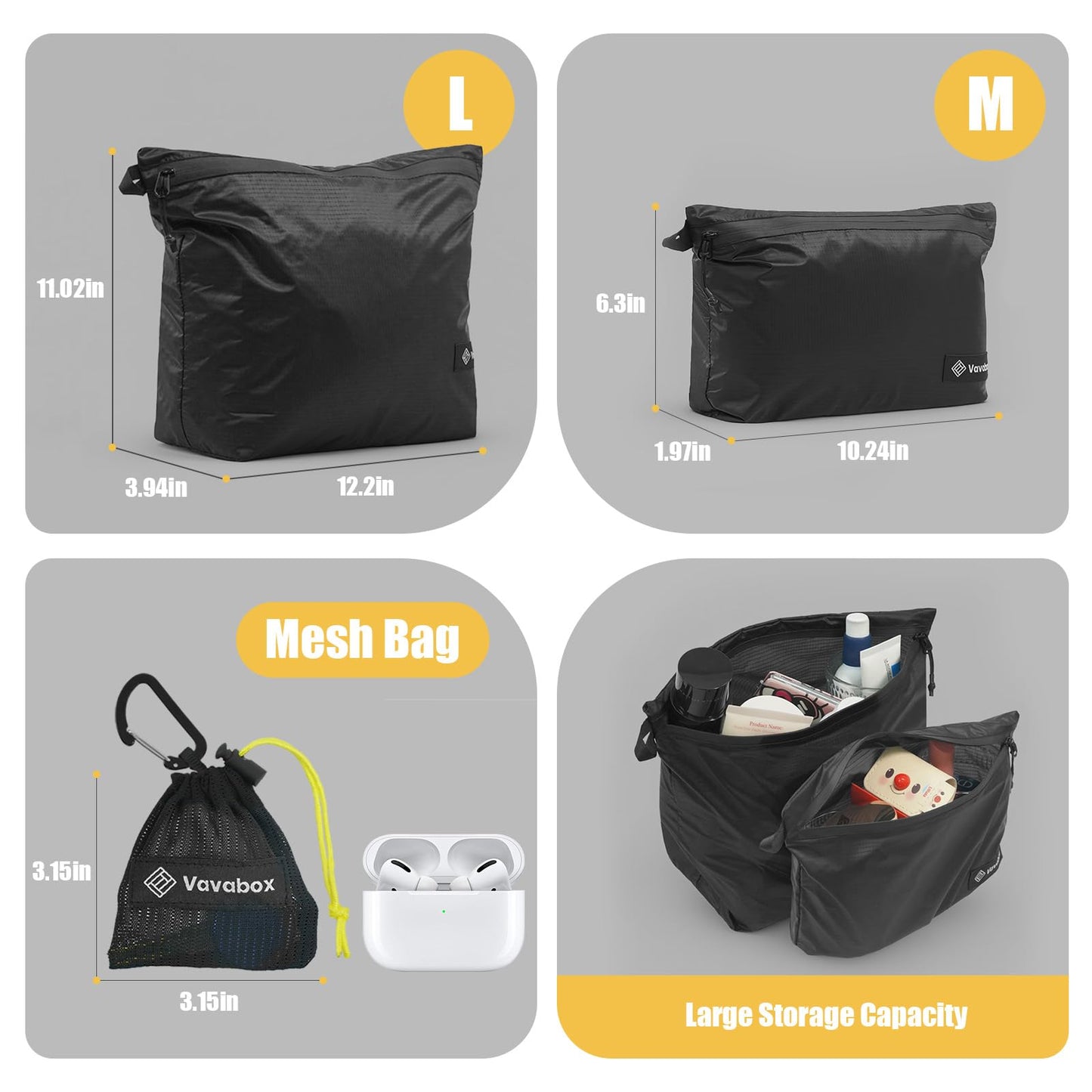 Vavabox Extremely Light Toiletry Bag for Women, Water-Resistant Zipper Pouch, Nylon Makeup Bag Travel essentials for Men Camping Gym (Black)