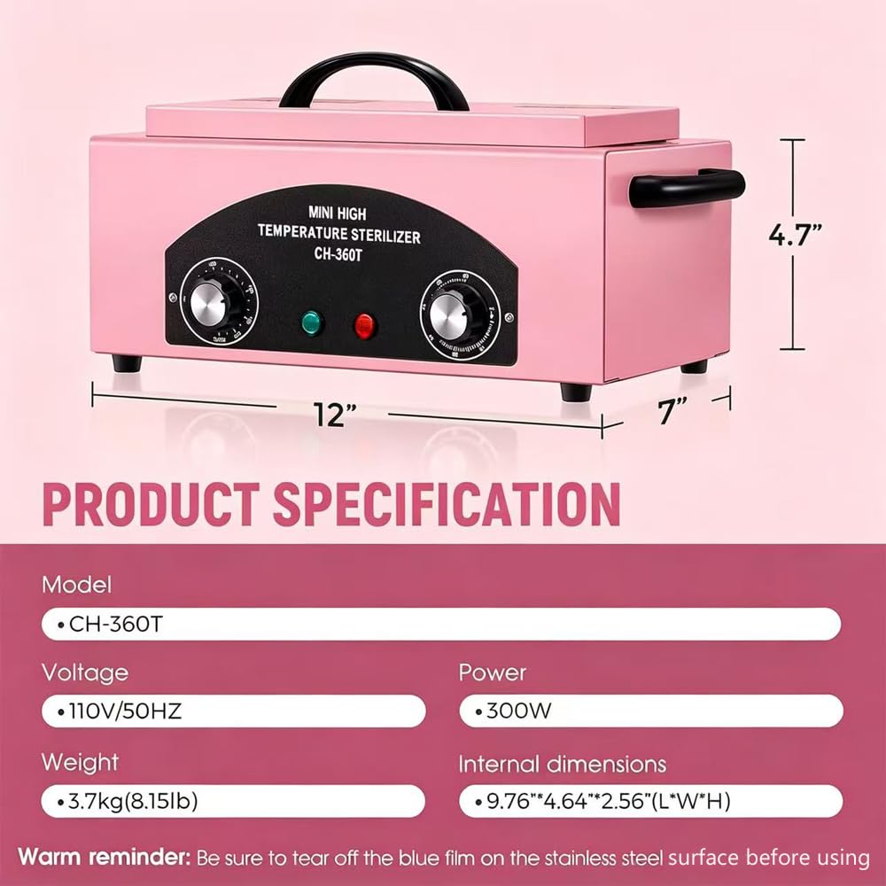 High Temperature Metal Cleaning Box,Misforu 1.5L Dry Heat Cabinet High Temp with Stainless Tray Timer and Handle for Nail Art Tool Salon Hairdressing Tool Earrings 300W (Pink)